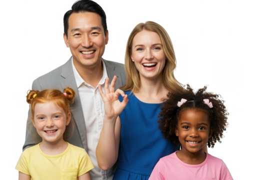 Smiling family with two daughters posing together isolated on transparent background