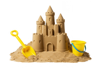 Sandcastle with bucket and shovel isolated on transparent background