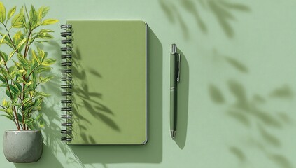Sage green notebook and pen on a pastel green surface with plant