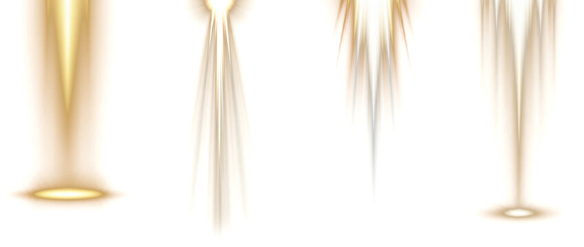 Vertical golden holy light beams with narrow tapered shape and radiant flare base isolated on transparent background for worship design, stage effect, and spiritual energy overlay