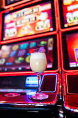 Cocktail glass with cherry garnish on casino slot machine