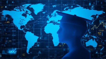 Blue silhouette of a head with a graduation cap and a world map overlay with a financial chart background. 4k video - Powered by Adobe