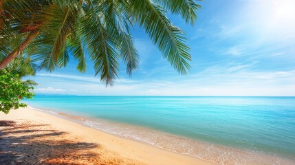 Tropical beach with turquoise water, golden sand and palm trees swaying in the breeze on a bright sunny day, high-resolution summer travel concept