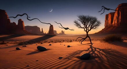 Fantastic Frontiers A surreal desert vista showcasing majestic mesas, a gnarled tree, and mysterious tendrils under a crescent moon, an ancient and uncharted world unfolding