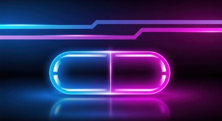 Neon capsule with blue and pink glow against dark backdrop