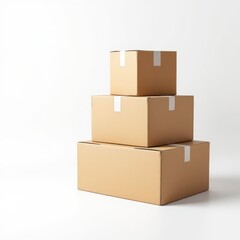 Obraz premium Three stacked cardboard boxes, light brown, sealed with white tape, against a white background; smallest on top, largest at bottom