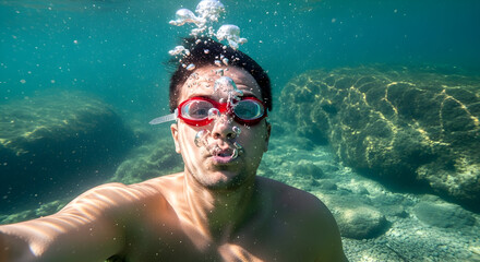Fototapeta premium A man takes a selfie underwater while snorkeling, bubbles floating around his face, clear turquoise water and sunlight shining through.