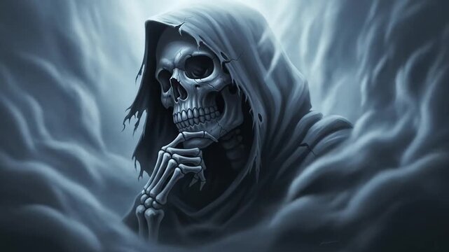 A scary skeleton mask on a dark background adn smoke is perfect for a spooky Halloween look