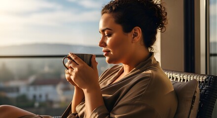 Serene woman enjoys peaceful morning coffee on balcony, embracing tranquil start to her day with warm beverage and scenic view