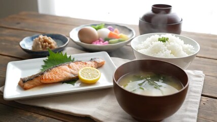 Serene Early Morning Japanese Breakfast Still Life Featuring Grilled Salmon Rice and Miso Soup on Wooden Table with Warm Lighting Perfect for Stock Photography Ads and Culinary Blog
