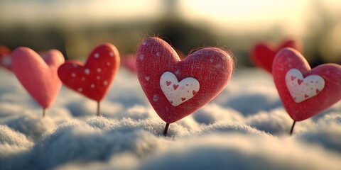 Fototapeta premium Romantic Red Hearts in Snowy Landscape Valentines Day