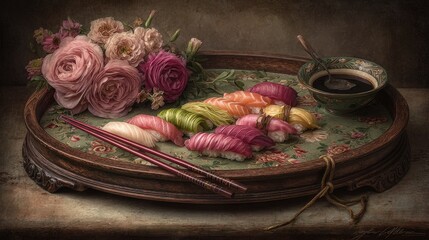 A display of colorful sushi on a vintage tray with flowers.