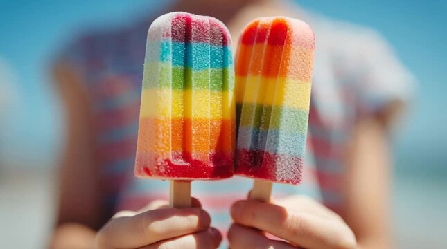 Two rainbow popsicles held up against a bright blue sky on a sunny day in the summer season