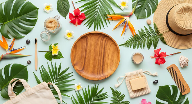 Flat lay of eco-friendly products, including a wooden plate, soap, toothbrush, and straw hat, surrounded by tropical leaves and flowers on a light blue background. - Powered by Adobe