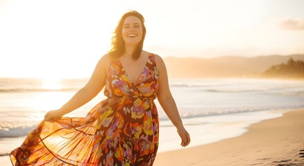 Joyful woman in flowing floral dress embraces golden hour beach walk, radiating happiness and freedom