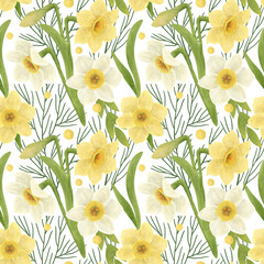 Seamless pattern, yellow and white daffodils, green leaves, hand-drawn watercolor digital illustration in a flat naive style. Element for design