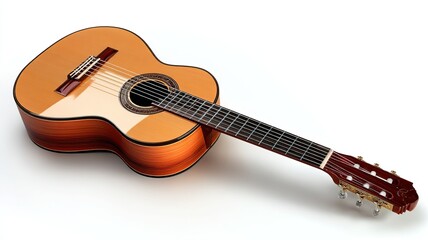 Obraz premium Premium Acoustic Guitar on White Background with Soundhole and String Details in Minimalist Style for Music Advertising and Education