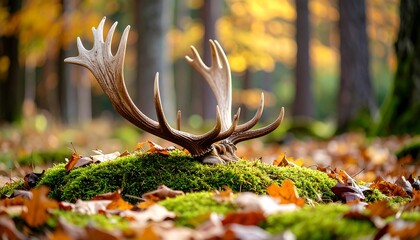 Beautiful antlers resting on vibrant moss in a tranquil autumn forest during the hunting season