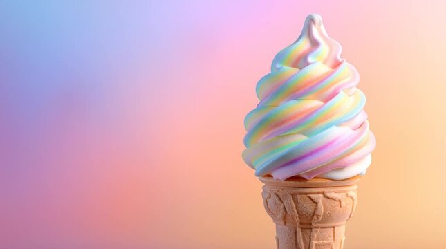 Close up of a swirled rainbow sherbet ice cream cone on a pastel gradient colored background