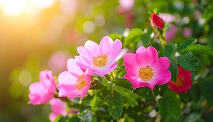 Obraz premium Pink rosehip flowers with summer sun.