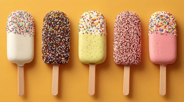 A colorful array of five ice cream pops with sprinkles on a vibrant yellow background top view