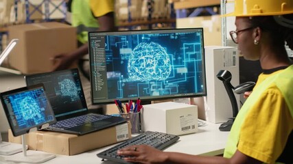 African american woman uses AI deep learning software for e-commerce automation, working in distribution hub with neural networks brain managing tracking software. Data science. Camera B.