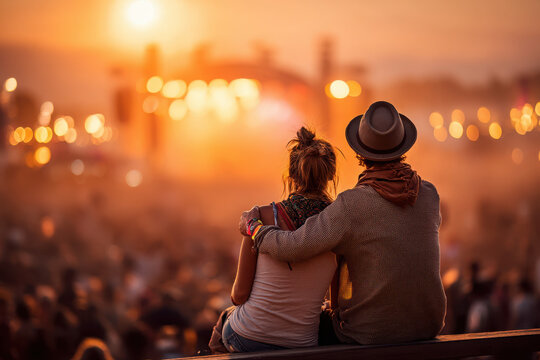 Couple enjoying a vibrant music festival at sunset outdoor concert romantic atmosphere creative environment captivating viewpoint