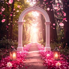 Fototapeta premium A beautiful archway at the end of a petal-covered path, illuminated by a gentle light, set in a serene and magical forest