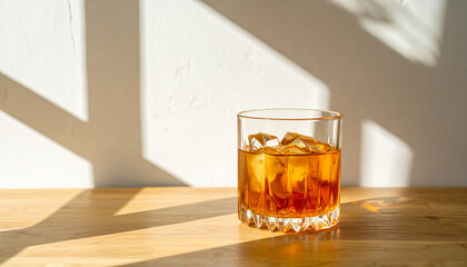 Whiskey on the Rocks in Sunlight: A refreshing glass of amber whiskey, filled with ice cubes, sits elegantly on a wooden surface, bathed in the warm embrace of sunlight. Shadows dance gently.