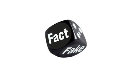A black die rolls revealing the words fact and fake symbolizing the importance of discerning truth amid misinformation. The playful design invites reflection