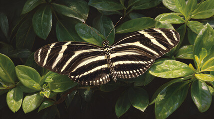 Ethereal Elegance: Light ad Stripes Illuminate the Zbra Butterfly's Graceful Dnce