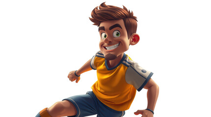 A cheerful animated soccer player is captured in a dynamic kicking pose showcasing skills and enthusiasm while wearing a bright team jersey and sporty shorts
