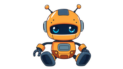 Fototapeta premium A cheerful cartoon robot with an orange body and large blue eyes sits down displaying a friendly demeanor. The design is simple yet captivating and playful