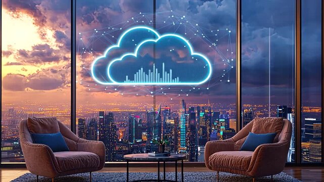Futuristic glowing blue cloud computing icon with animated data equalizer on glass window for city skyline sunset view digital transformation big data network technology business finance concept