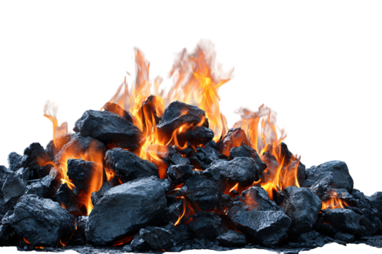 Burning Coal Pile on Transparent Background with Glowing Orange Flames, PNG