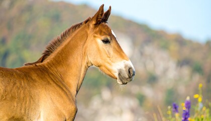 Chestnut foal in profile, gently lit, soft-focus hills in background