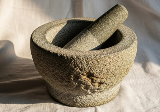 A traditional stone mortar placed on white cotton fabric, softly lit to highlight its rough texture and rounded form.