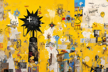 抽象的なグラフィティアート、黄色い背景の落書きと太陽のイラスト