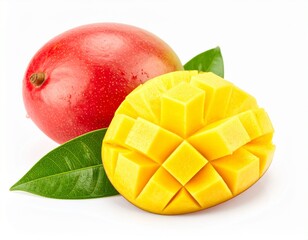 Juicy fresh mango with slices and leaves on white background