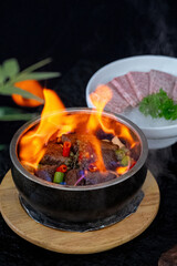 A stone pot with flames burning, containing various ingredients, presenting a delicious and hot cooking scene.