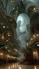 Obraz premium AI generated image of a magical library with floatin book shelfs and a spiral rchitecture