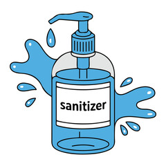 Sanitizer bottle with pump dispenser and drops vector illustration on white background
