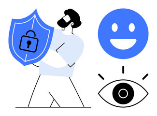 Man holding shield with lock icon symbolizing privacy, blue happy face for happiness, eye for awareness. Ideal for cybersecurity, safety, privacy, online protection, trust, awareness simple landing