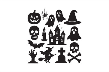 Halloween Silhouette Set – Ghosts, Bats, Pumpkins, Witch Hat and Broomstick Vector Illustration