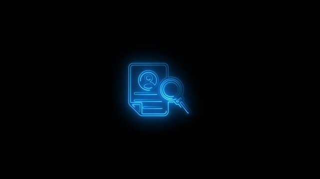 Glowing Blue Neon Resume Icon with Magnifying Glass on Black Background profile document