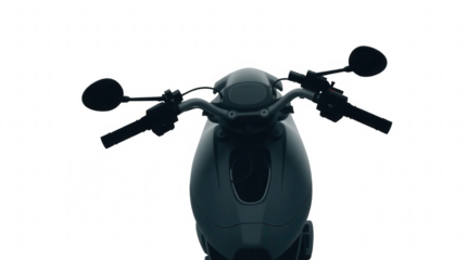 A modern motorcycle is displayed from the front highlighting its unique contours and handlebars against a plain background. This showcases its innovative design