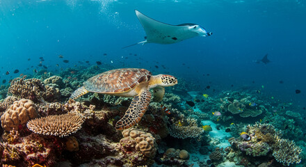 Fototapeta premium A sea turtle rests on coral reef as a manta ray swims above in the clear blue ocean.