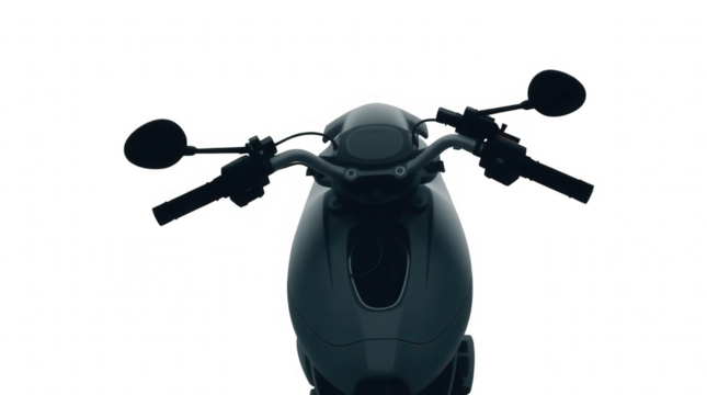 A modern motorcycle is displayed from the front highlighting its unique contours and handlebars against a plain background. This showcases its innovative design