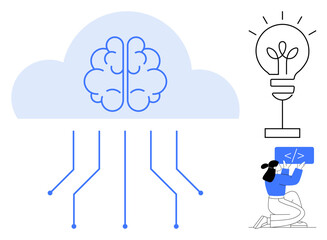 Cloud with brain and data lines, light bulb symbolizing innovation, person coding on laptop. Ideal for technology, AI, creativity, brainstorming, data visualization, innovation simple landing page