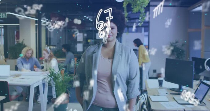 Professional woman in office waiting then showing floating numbers across screen as data patterns - Powered by Adobe